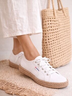 Superga Raffia Espadrille Sneakers White NWOT Lace Up EU 39.5 Summer Coastal